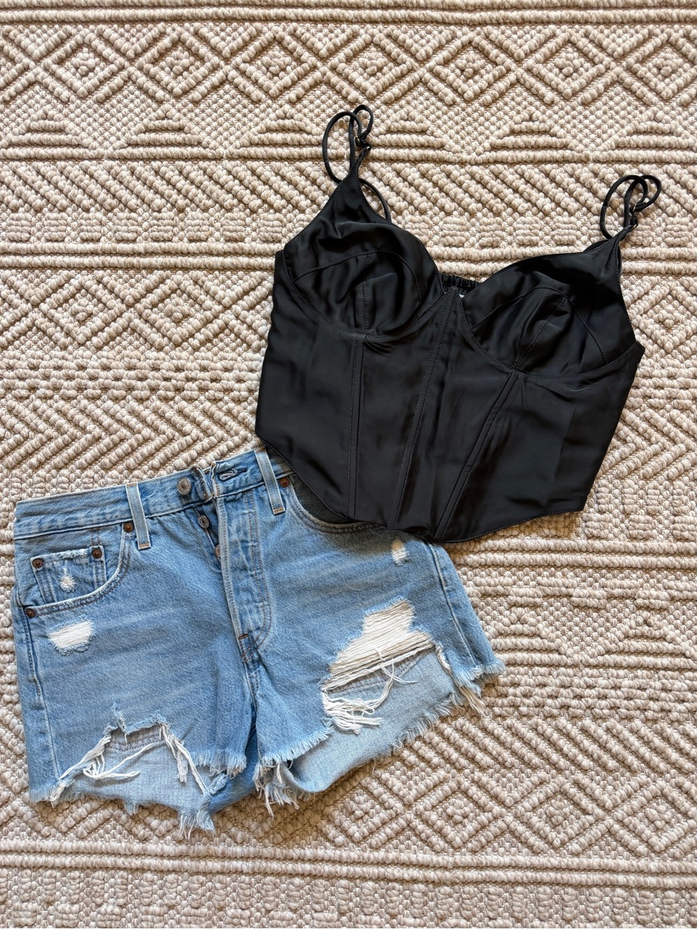 Levi's Light Blue Distressed Denim Cutoff Shorts with UO black corset top